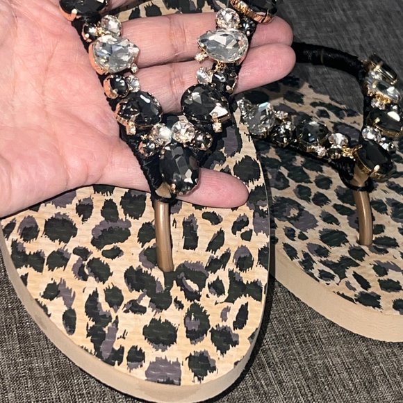 Newly Decorated Leopard Beach Flip Flops, Rhinestones, Shoes, Bridal Sandals - Picture 9 of 16